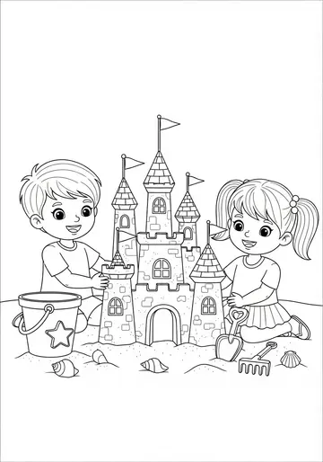Kids Building Sandcastle Coloring Page