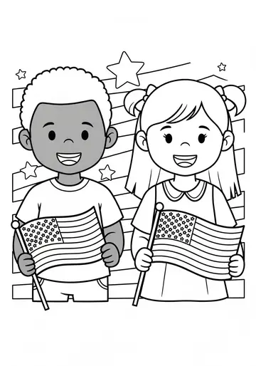 Children Holding American Flags Coloring Page