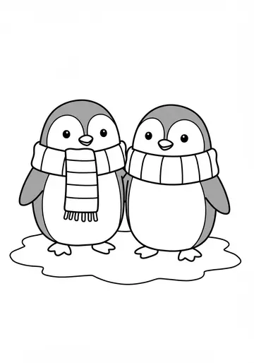 Penguin Friends Sharing Scarf Coloring Pages