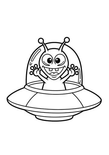 Funny Alien in UFO Coloring Page for Kids