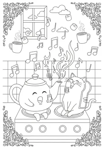 Singing Teapot & Loaf Cat Coloring Pages