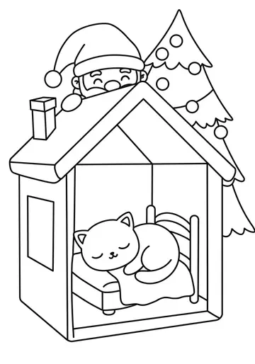 Santa and the Sleepy Kitten Coloring Pages