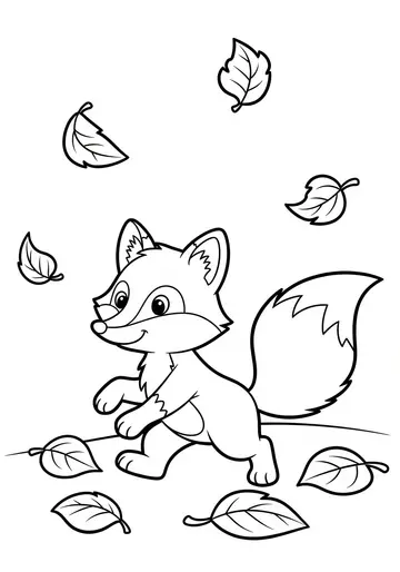 Playful Fox with Autumn Leaves Coloring Page