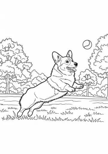 Corgi Fetch Fun in the Park Coloring Page