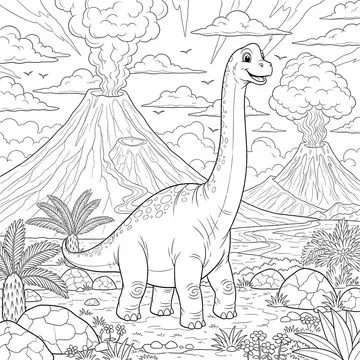 Brachiosaurus and Volcano Landscape Coloring Page
