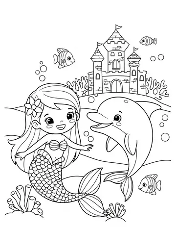 Mermaid and Dolphin Coloring Page