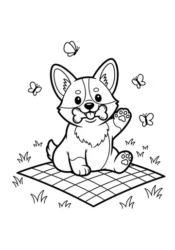 Corgi Picnic Adventure Coloring Page