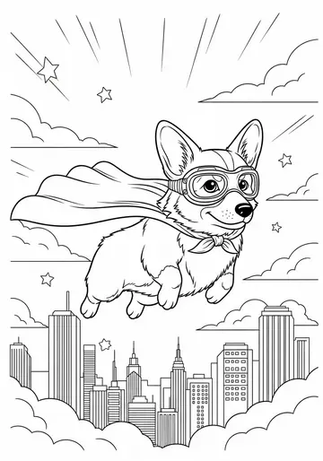 Superhero Corgi Flying High Coloring Page
