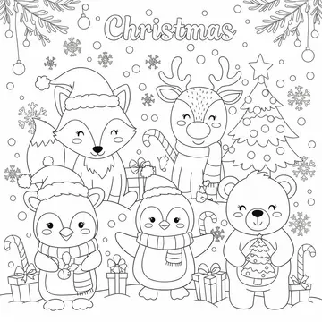 Cute Christmas Animal Friends Coloring Page