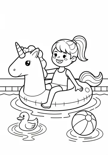 Girl on Unicorn Pool Float Coloring Page