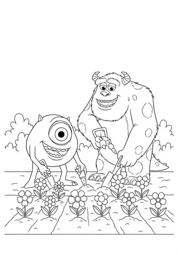 Mike and Sulley Gardening Coloring Page