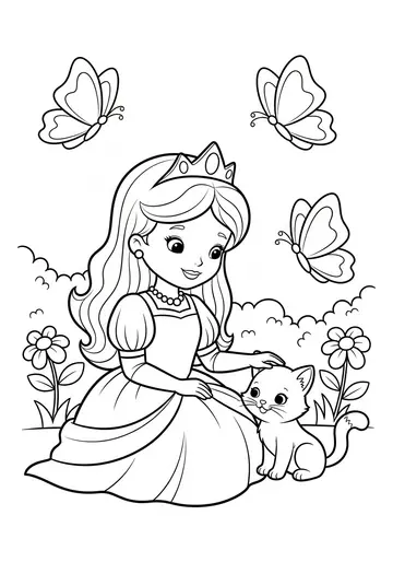 Princess and Kitten Garden Coloring Page