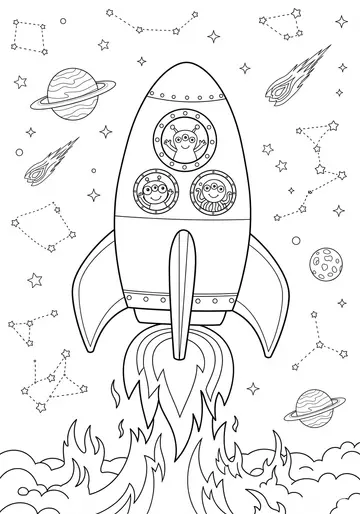 Alien Friends Rocket Coloring Page