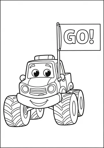 Monster Truck Holding GO Flag Coloring Page