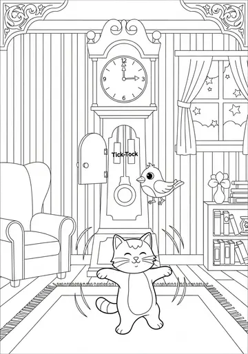 Tick-Tock Bird & Loaf Cat Coloring Pages