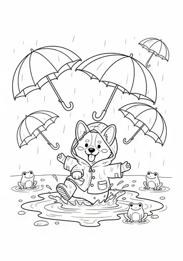 Rainy Day Corgi Fun Coloring Page