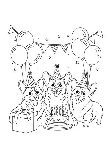 Corgi Birthday Party Celebration Coloring Page