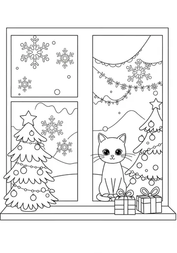 Snowy Window Kitten Coloring Pages for Toddlers