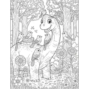 Brachiosaurus with Birds Friendship Coloring Page