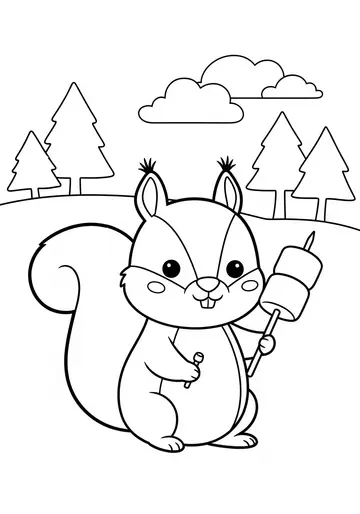 Squirrel with Marshmallow Camping Coloring Page