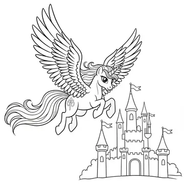 Castle Flight Pony Coloring Page with Wings
