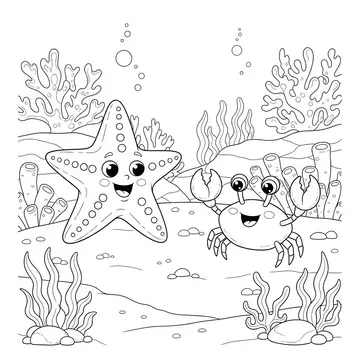 Starfish and Crab Friends Coloring Page
