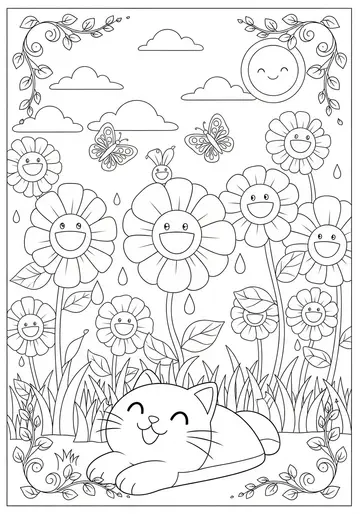 Giggling Flowers & Loaf Cat Coloring Pages